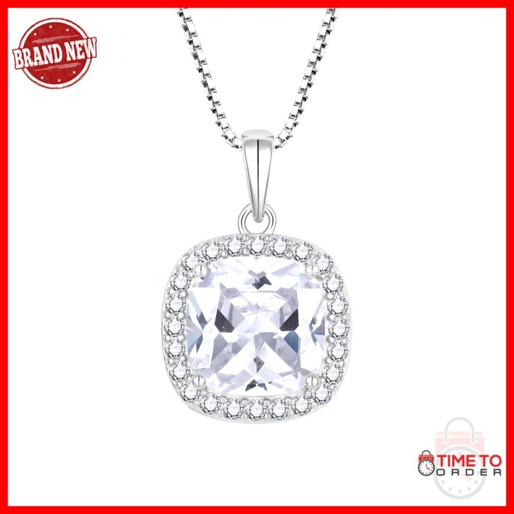 925 Sterling Silver Princess Cut Halo Pendant Necklace 45+5cm Chain